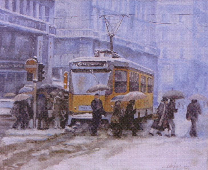 "Alla fermata del tram" opera dell'artista Sergio Colombo
