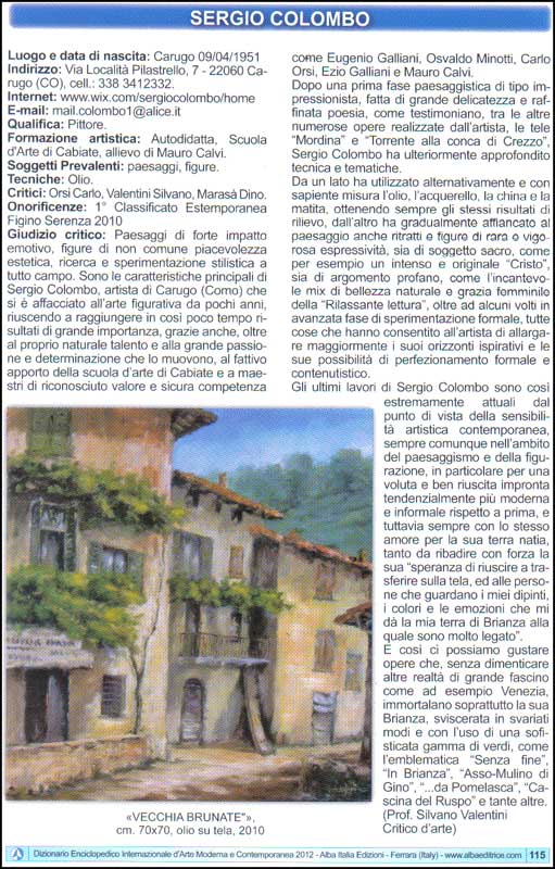 Le opere dell'artista Sergio Colombo sono pubblicate sul Dizionario Enciclopedico Internazionale d'Arte Moderna e Contemporanea 2012