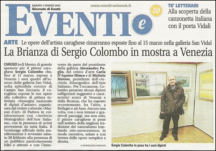 Articolo: Giornale di Cantù (Como) articolo per l'artista Sergio Colombo presente con le sue opere a Venezia