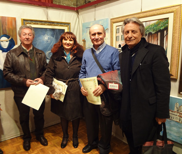 Mostra a Venezia, marzo 2015: Nella fotografia, da sinistra: l'artista Gianpietro Asnaghi - critico d'arte della Maison d'Art, Carla D'Aquino - l'artista Sergio Colombo - presidente dell'Archivio, Michele Maione
