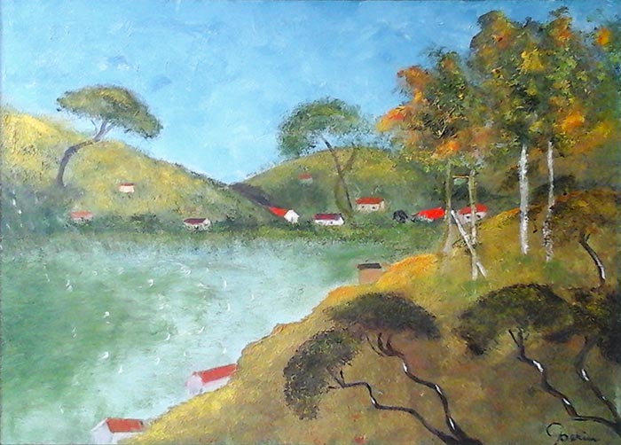 "Paesaggio con lago" opera realizzata dalla pittrice Graziella Perin
