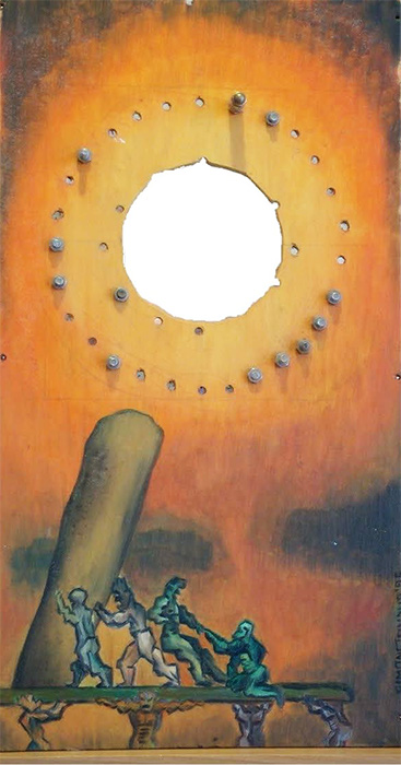 "Innalzamento del Menhir all'orizzonte" opera dell'artista Simone Tanduo