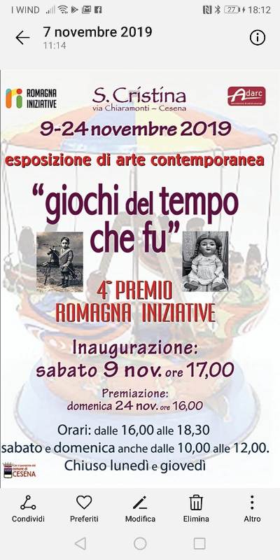 - L'artista Arual ha partecipato al 4° Premio Romagna Iniziative, mostra collettiva dal titolo "Giochi del tempo che fu" 09/24 novembre 2019, S. Cristina, Cesena (FC).