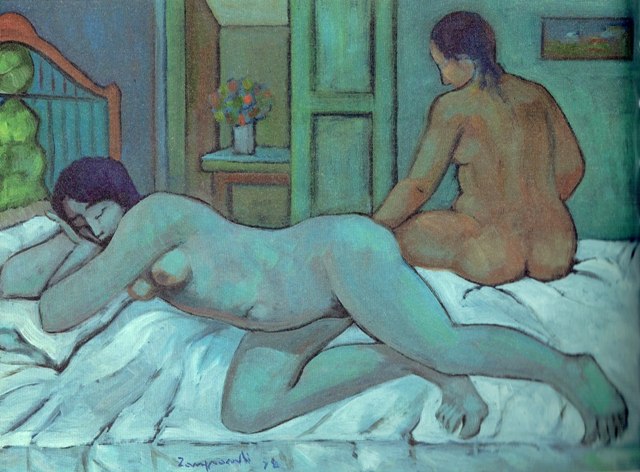 "Ragazze sul letto" opera realizzata dall'artista Domenico Zangrandi